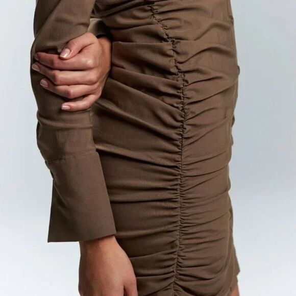 Zara Button Up Bodycon Shirt Dress with Ruching Tan Size Medium - Picture 5 of 11